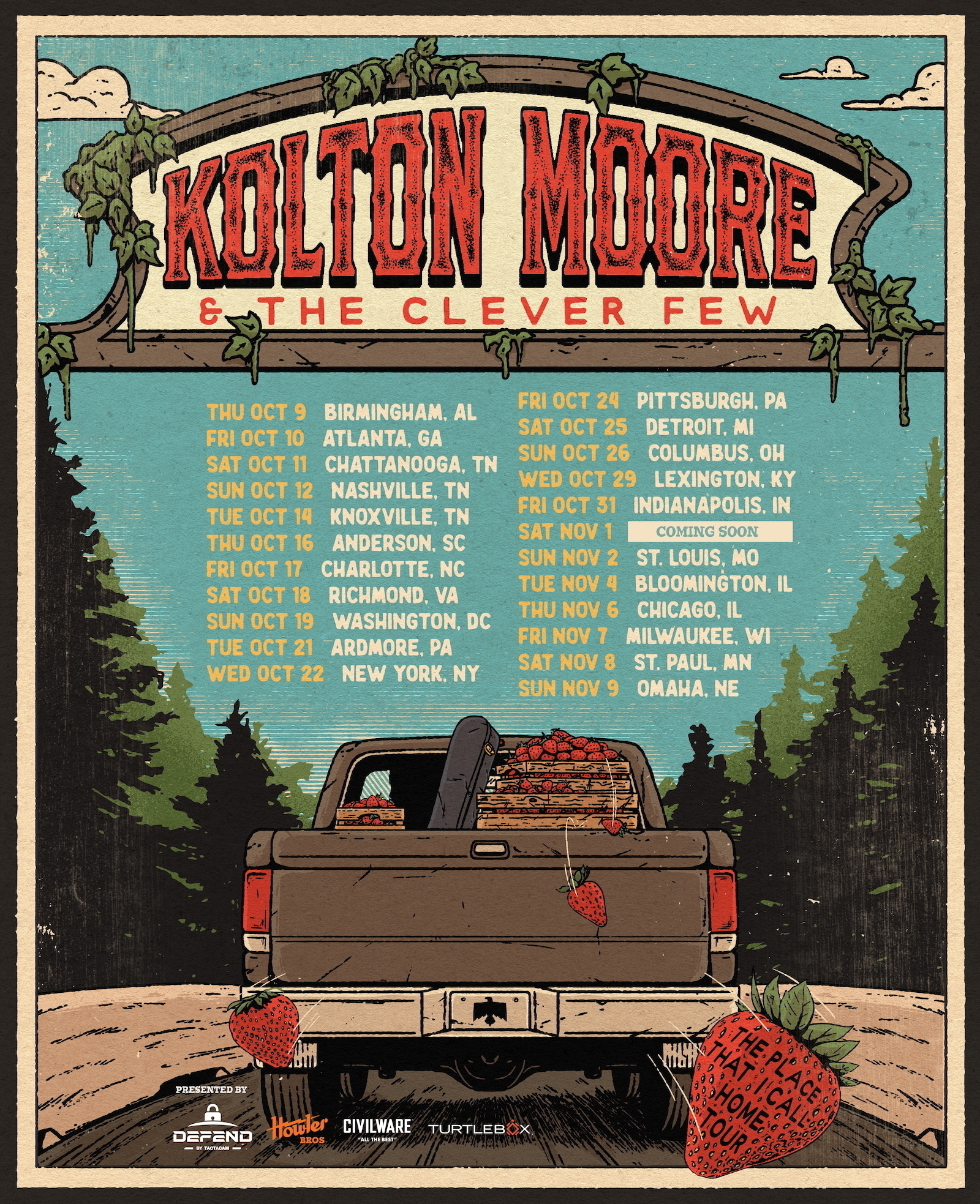 Auto-generated description: A concert tour poster for Kolton Moore & The Clever Few features a pickup truck on a road with a load of strawberries, alongside tour dates and locations for their fall 2025 tour.