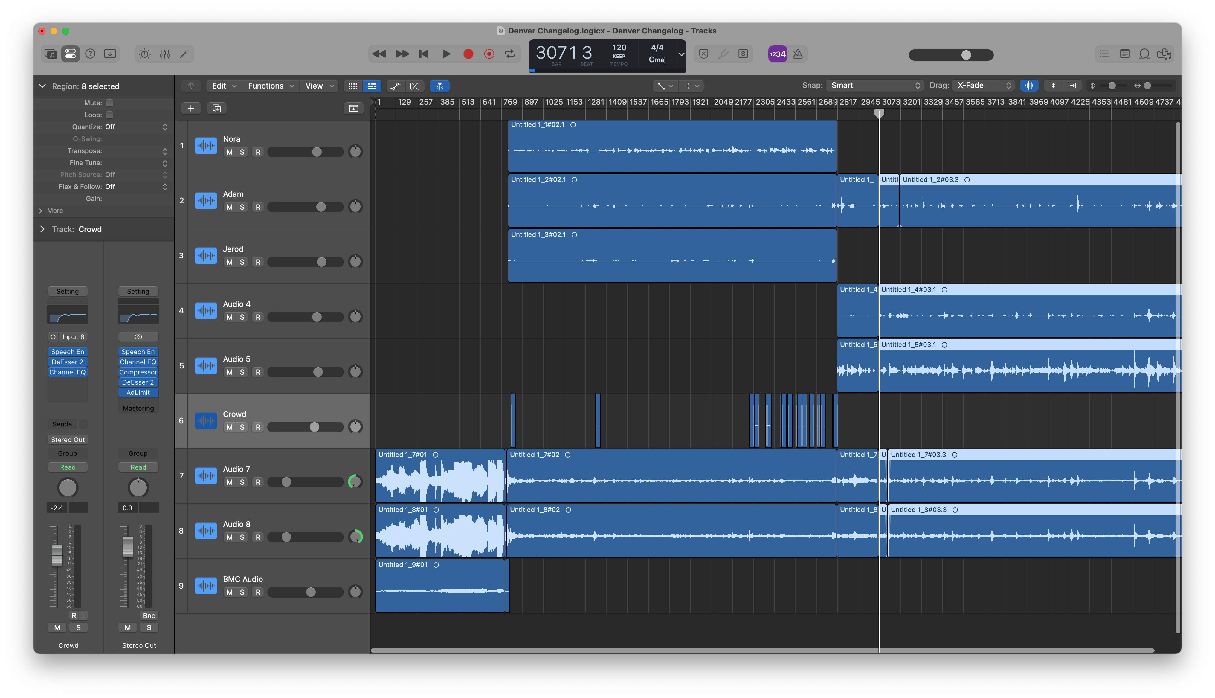 Auto-generated description: A digital audio workstation screen displays multiple audio tracks with various edits and effects applied.