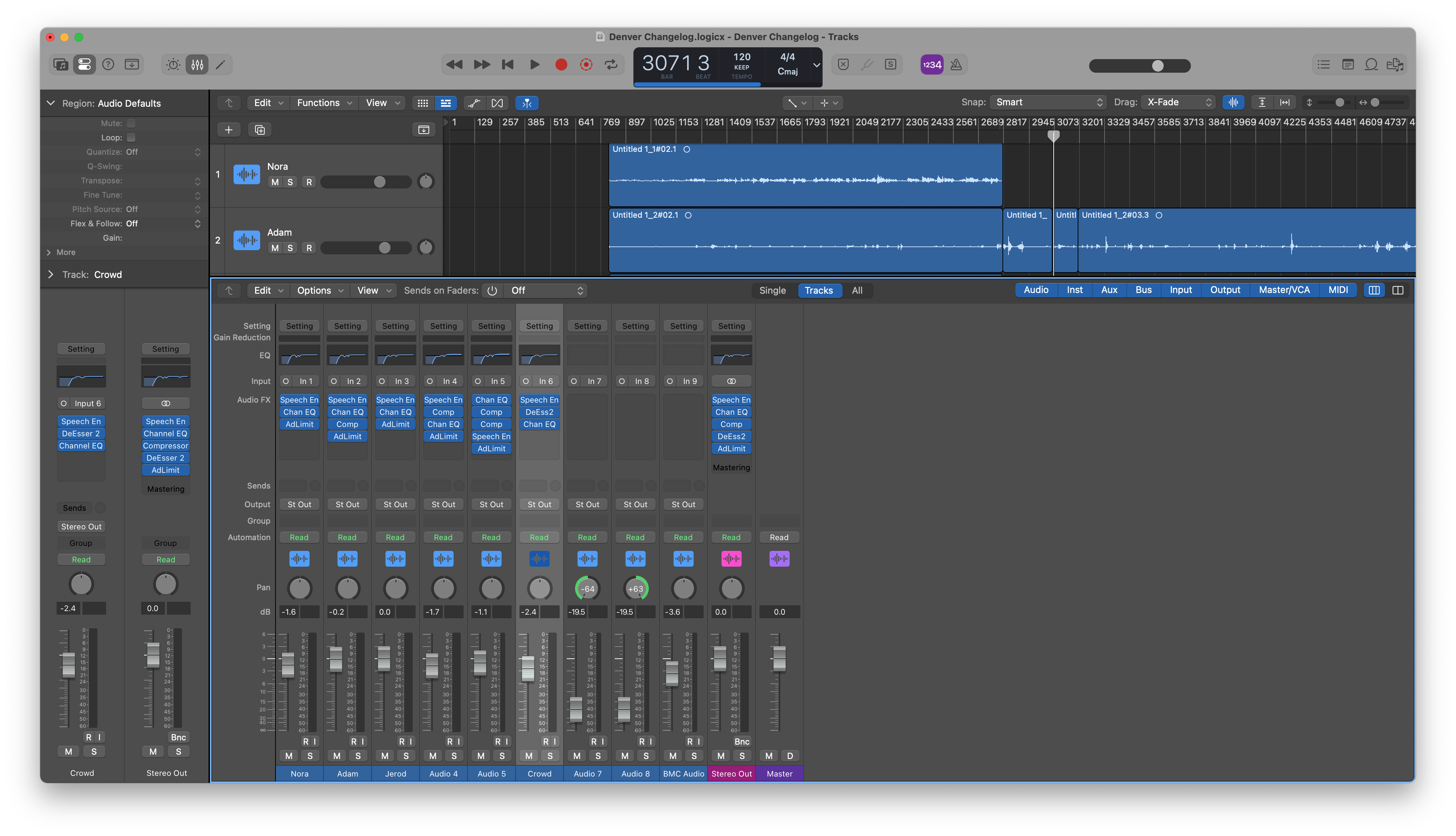 Auto-generated description: A digital audio workstation interface with multiple audio tracks, controls, and a timeline is displayed on a computer screen.