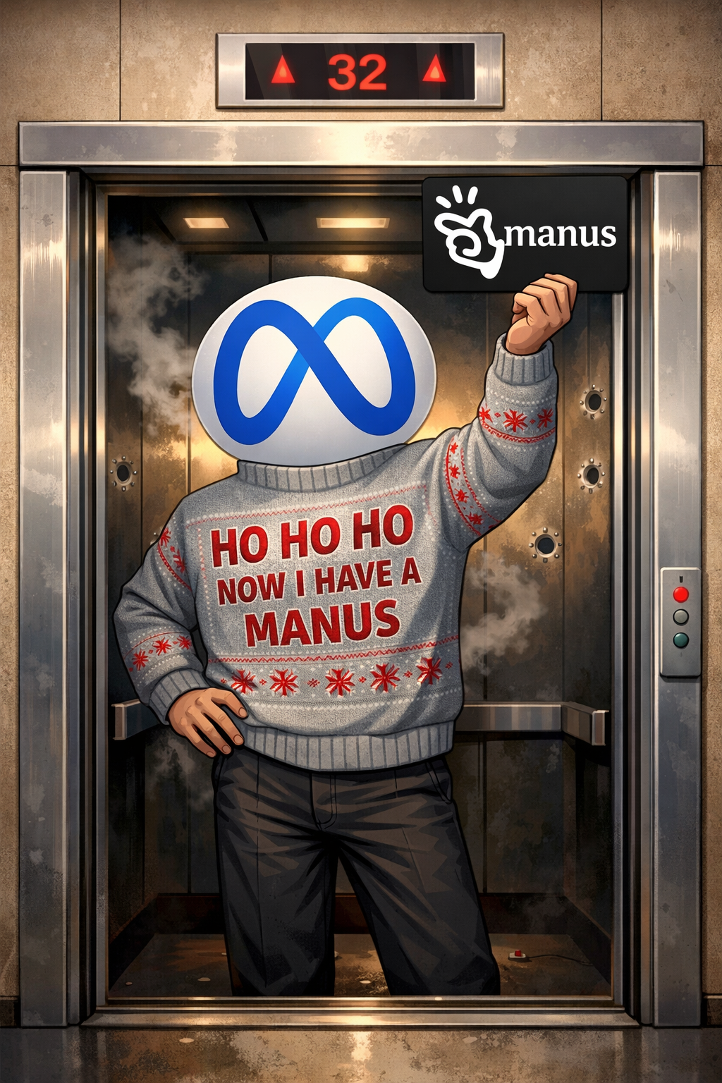 Auto-generated description: A figure with a Meta logo for a head stands in an elevator, holding a Manus sign while wearing a festive sweater that says HO HO HO NOW I HAVE A MANUS.