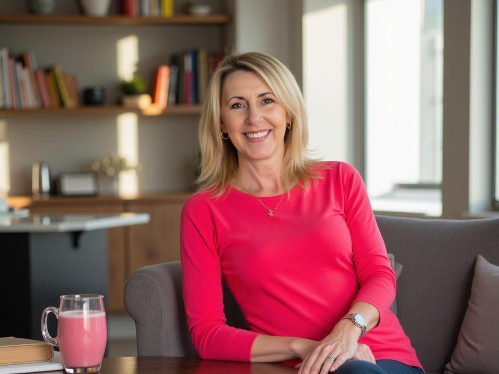 Auto-generated description: A woman in a pink top is sitting on a couch, smiling, with a drink nearby, in a cozy living room setting.