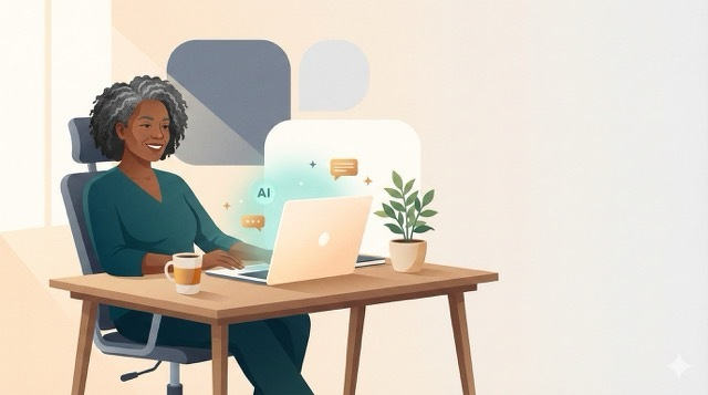 Auto-generated description: A woman sits at a desk with a laptop, surrounded by speech bubbles, a coffee cup, and a plant, depicting a modern work environment.