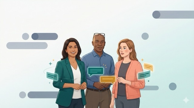 Auto-generated description: Three people are engaging in conversation with speech bubbles, depicted in a stylized, illustrative manner against a light background.