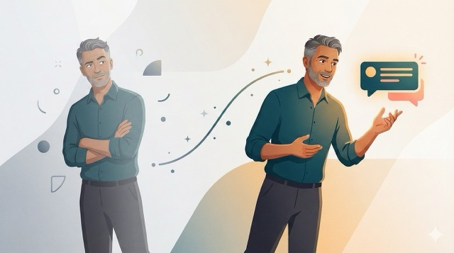 Auto-generated description: A man is depicted transitioning from being contemplative to confidently speaking, with a speech bubble and dynamic elements in the background.