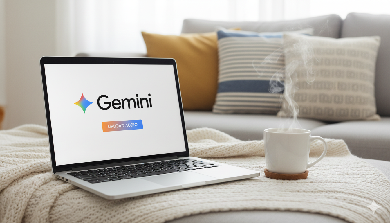 Auto-generated description: A laptop displaying the Gemini logo with UPLOAD AUDIO button is placed on a cozy knit blanket near a steaming cup of coffee and colorful pillows.