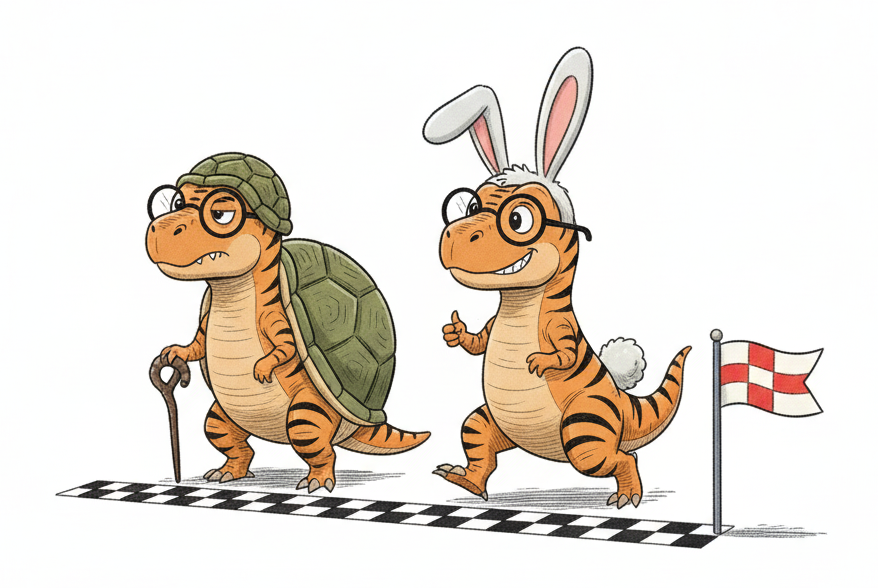 Auto-generated description: Two dinosaurs wearing costumes of a tortoise and a hare are humorously competing in a race, each with glasses and a walking cane.