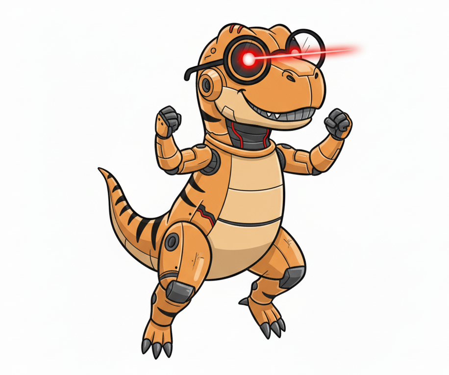 Auto-generated description: A robotic dinosaur stands with fists raised, featuring glasses and red laser eyes.