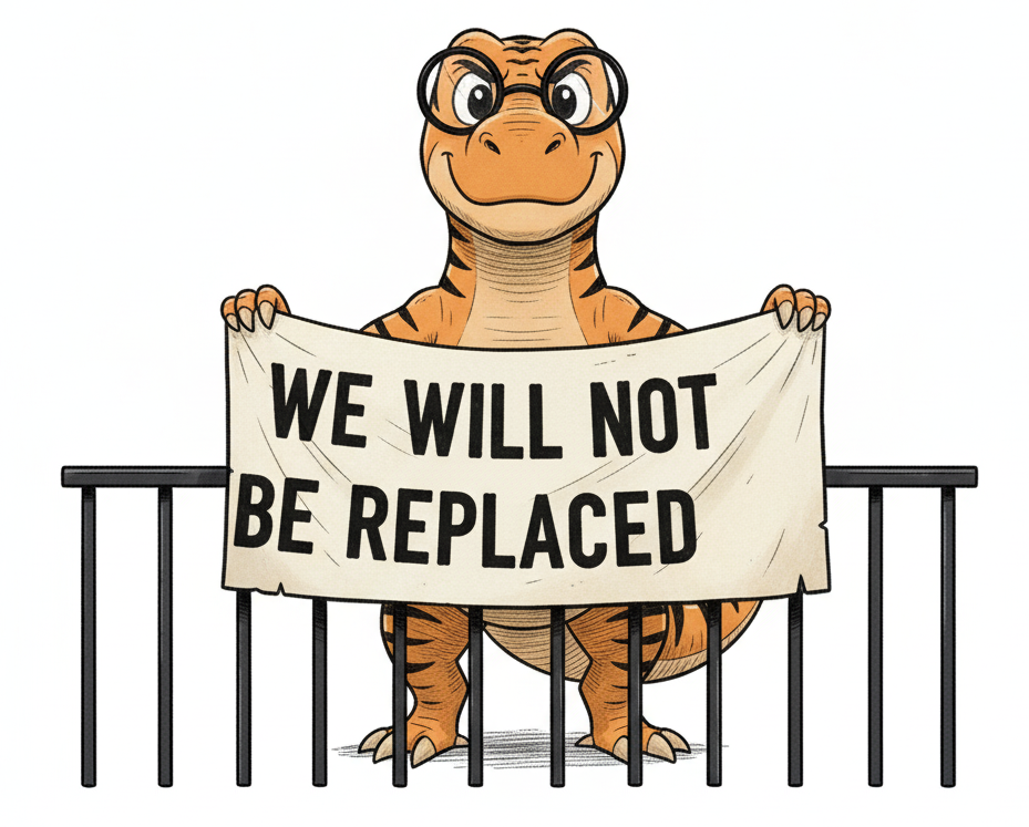 Auto-generated description: A dinosaur wearing glasses holds a sign that reads WE WILL NOT BE REPLACED while standing behind a railing.