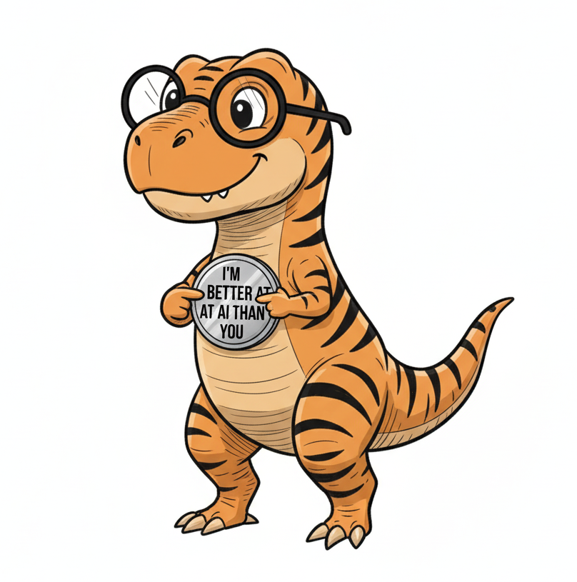 Auto-generated description: A cartoon dinosaur wearing glasses holds a badge that says, I'M BETTER AT AI THAN YOU.