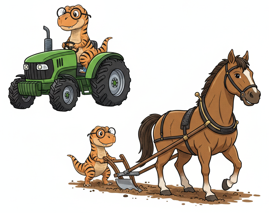 Auto-generated description: A cartoon dinosaur wearing glasses is driving a green tractor and walking alongside a horse pulling a plow.