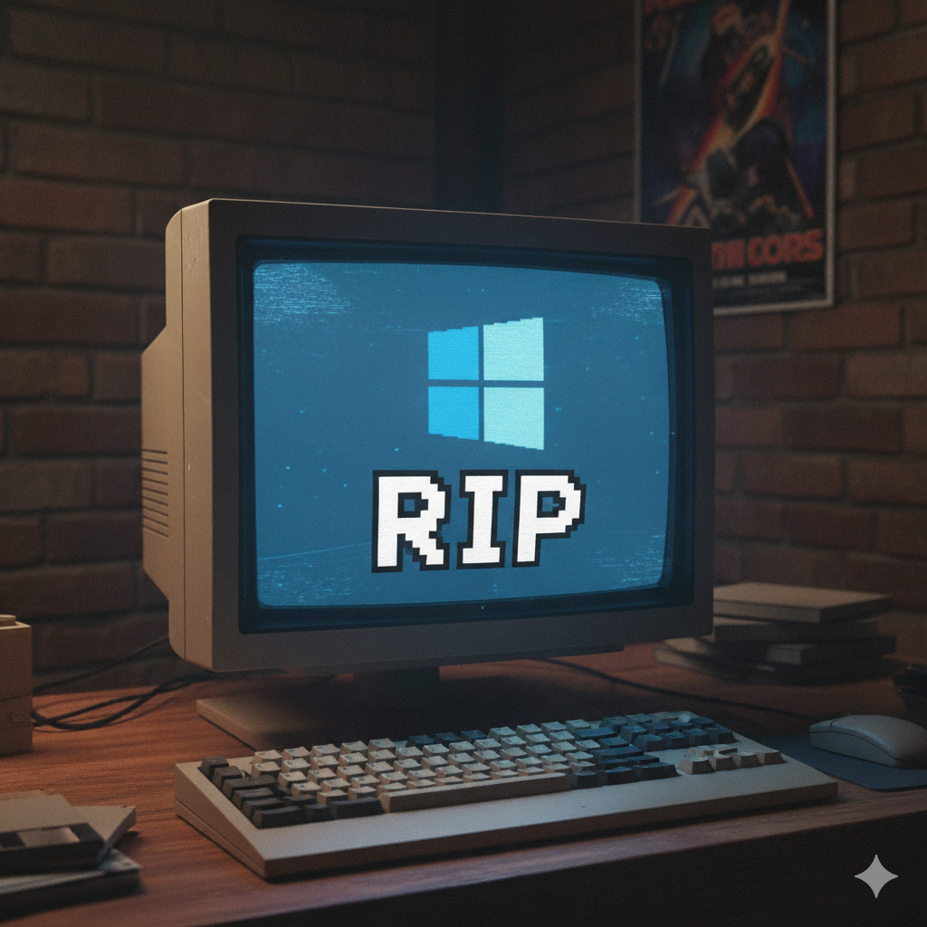 Auto-generated description: A vintage computer displays the Windows logo with the text RIP on its screen, set against a brick wall with a vintage poster in the background.