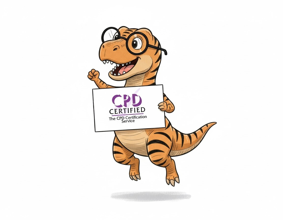Auto-generated description: A cartoon dinosaur wearing glasses is happily holding a sign that reads CPD Certified The CPD Certification Service.