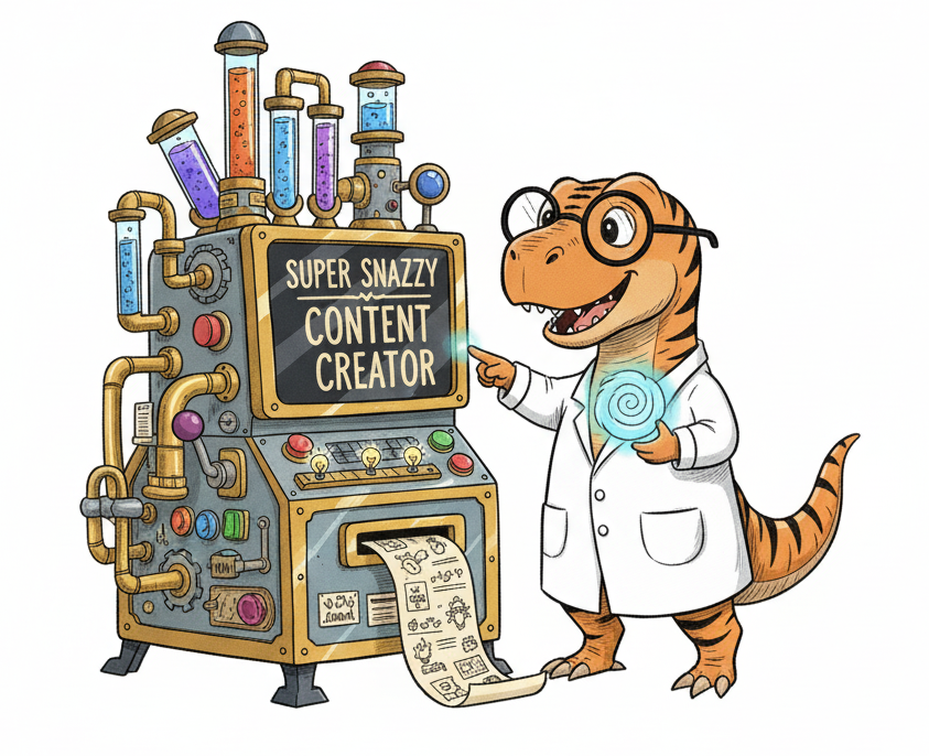 Auto-generated description: A cartoon dinosaur wearing a lab coat and glasses points at a whimsical machine labeled Super Snazzy Content Creator.