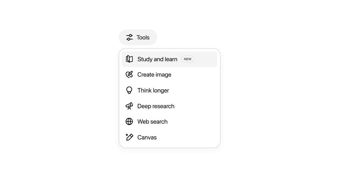 Auto-generated description: A menu interface displays options such as Study and learn, Create image, Think longer, Deep research, Web search, and Canvas.