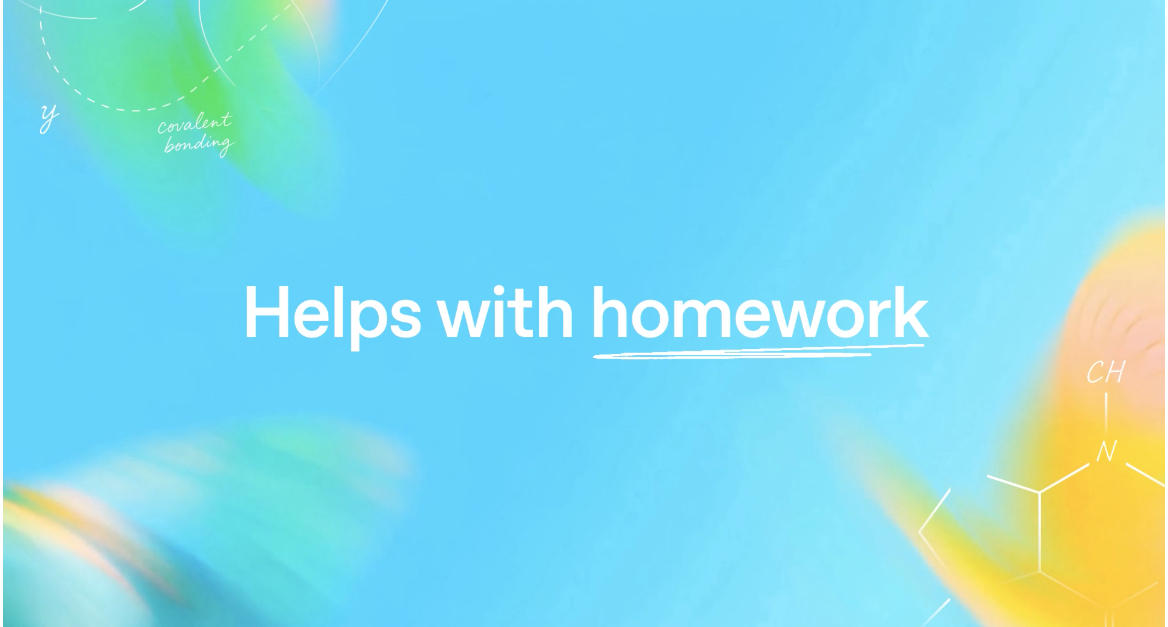 Auto-generated description: A text on a blue background reads Helps with homework with abstract shapes around it.