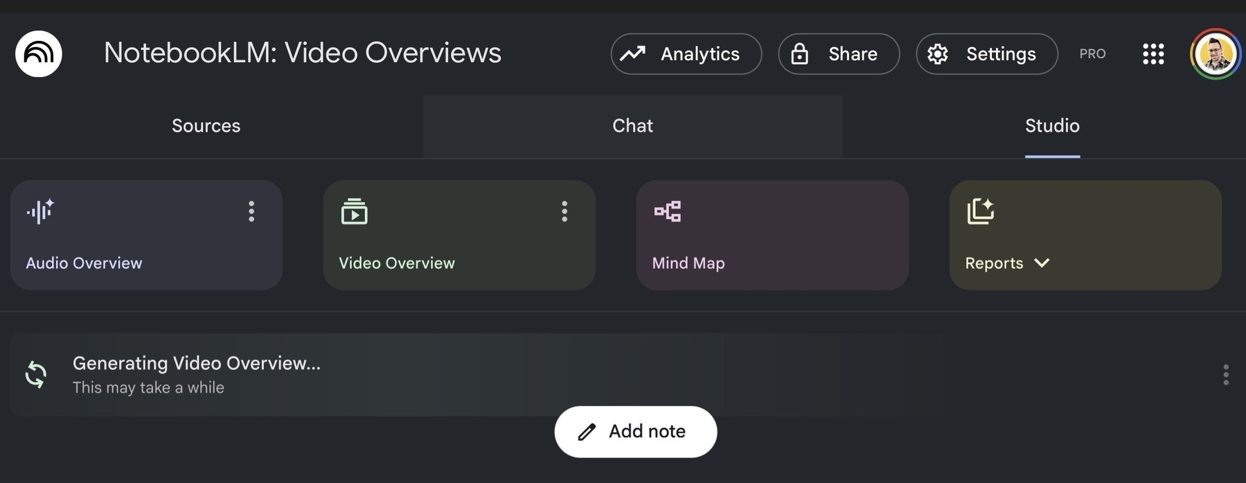 Auto-generated description: A user interface titled NotebookLM: Video Overviews displays various options such as Audio Overview, Video Overview, Mind Map, and Reports, with a progress bar indicating Generating Video Overview.