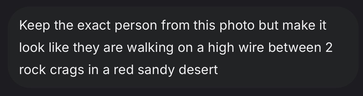 Auto-generated description: Instructions are given to depict a person walking on a high wire between two rock crags in a red sandy desert, maintaining the individual's appearance from a photo.