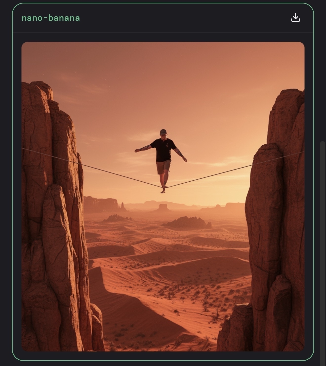 Auto-generated description: A person is balancing on a tightrope stretched between two rocky formations in a vast desert landscape at sunset.