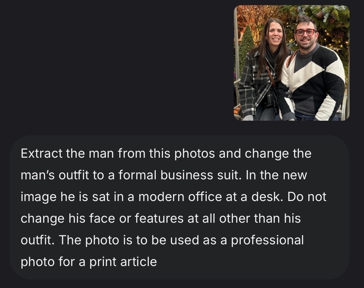 Auto-generated description: A smiling man and woman are seated together on a cozy chair in a warmly decorated setting, while a text overlay discusses altering the man's outfit and setting for professional use.