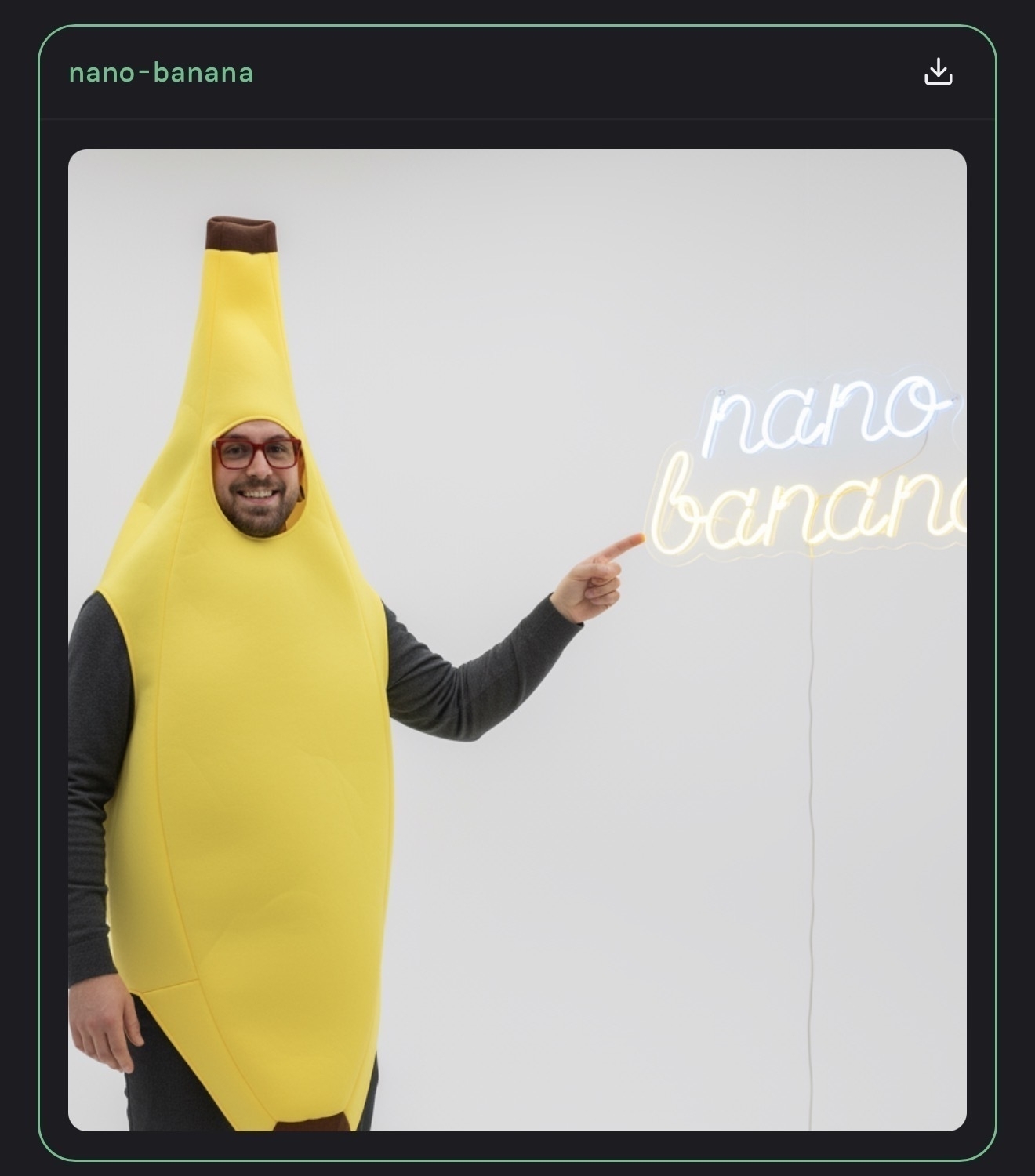 Auto-generated description: A person wearing a banana costume is pointing at a neon sign that reads nano banana.
