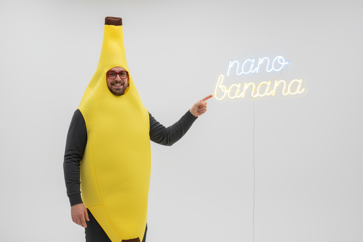 Auto-generated description: A person in a banana costume is pointing at neon signs that say nano and banana.