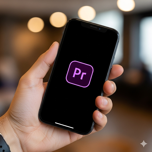 Auto-generated description: A hand is holding a smartphone displaying the Adobe Premiere Pro app icon on its screen.