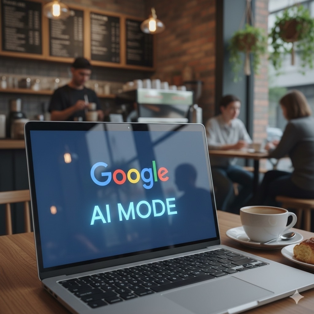 Auto-generated description: A laptop displaying Google AI MODE is on a table in a cozy café setting with people in the background.