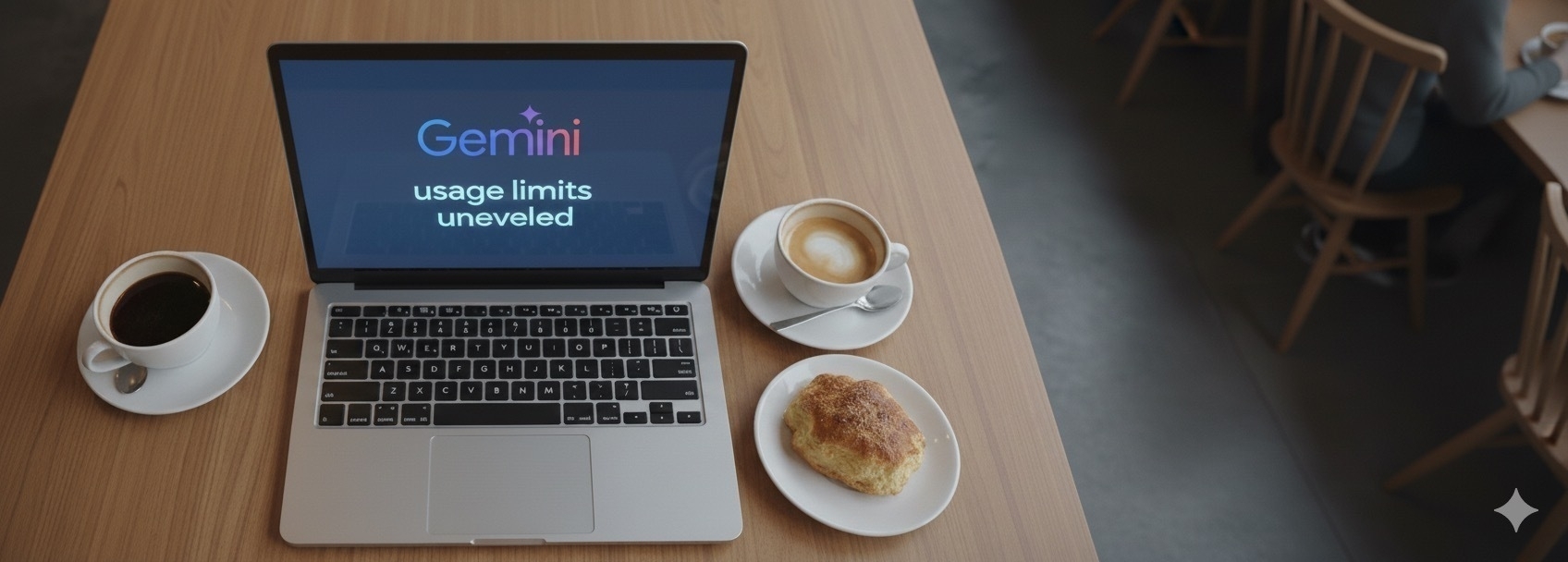Auto-generated description: A laptop displaying the text Gemini usage limits unveiled is surrounded by two cups of coffee and a pastry on a wooden table.