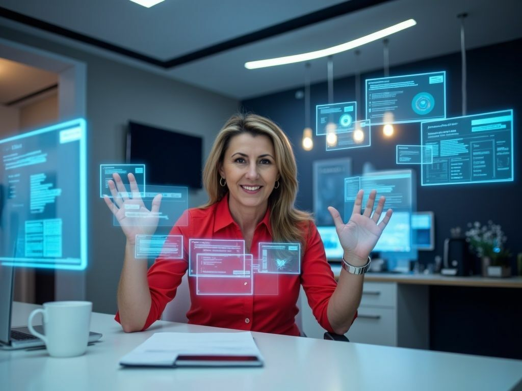 Auto-generated description: A woman in a red shirt is sitting at a desk and interacting with floating holographic interfaces in a modern office setting.
