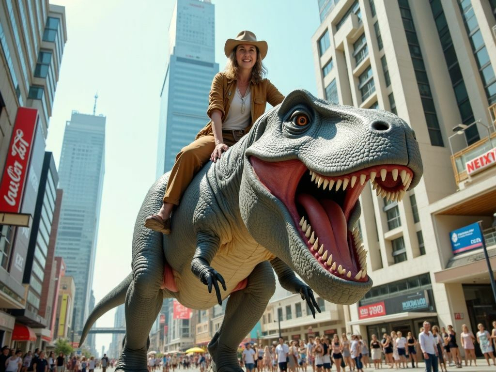 Auto-generated description: A person wearing a hat is riding a large, lifelike dinosaur model on a busy city street lined with tall buildings.