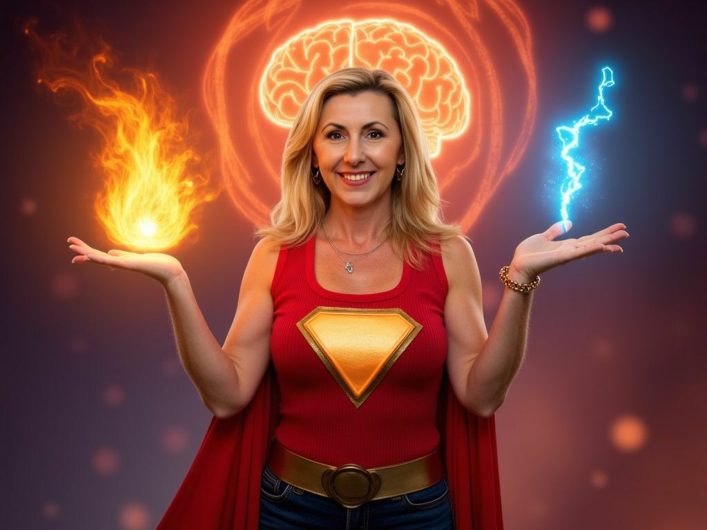Auto-generated description: A woman dressed as a superhero holds a fiery orb in one hand and a lightning bolt in the other, with an illuminated brain in the background.