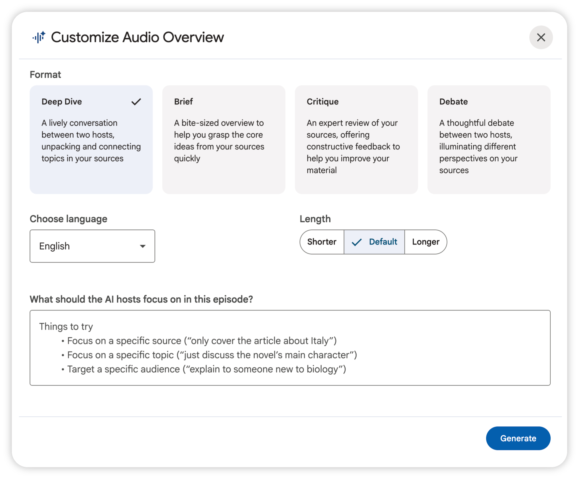 Auto-generated description: A user interface for customizing an audio overview, featuring format options like Deep Dive, Brief, Critique, and Debate, with a language and length selection, and suggestions for AI host focus.