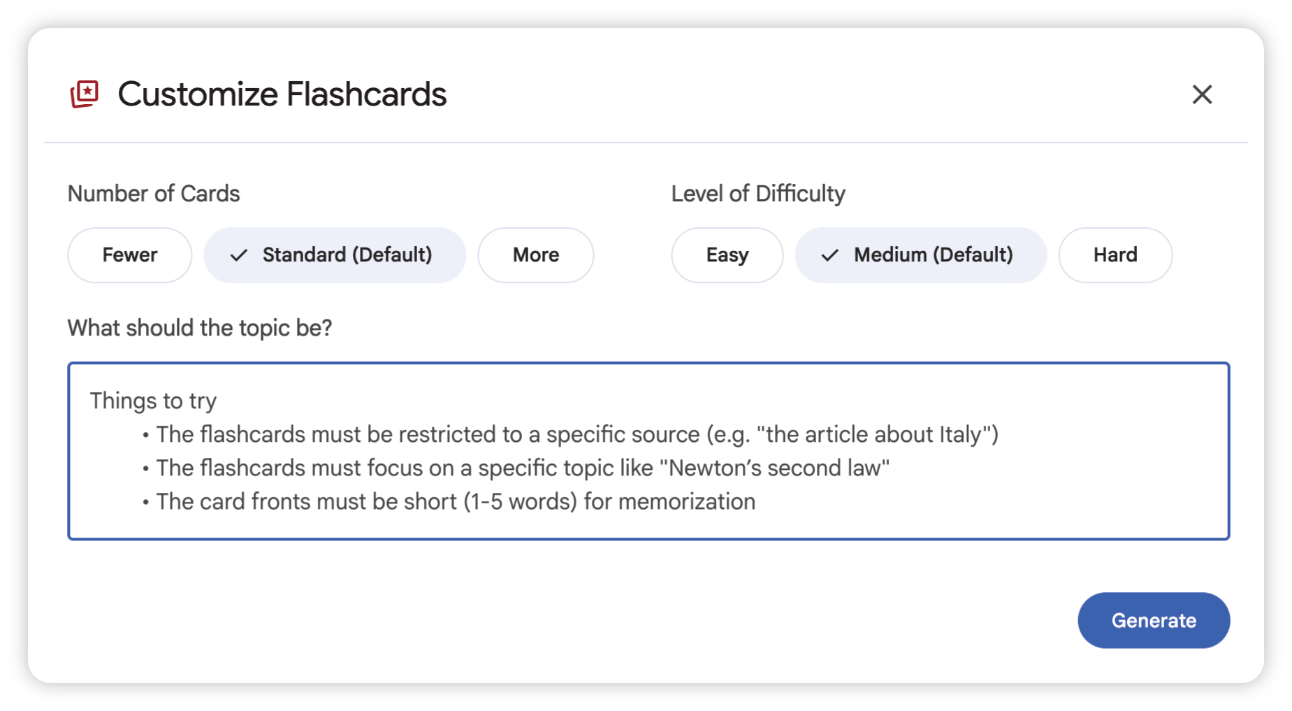 Auto-generated description: A flashcard customization interface displays options for number of cards, difficulty level, and a text box for inputting specific topics.