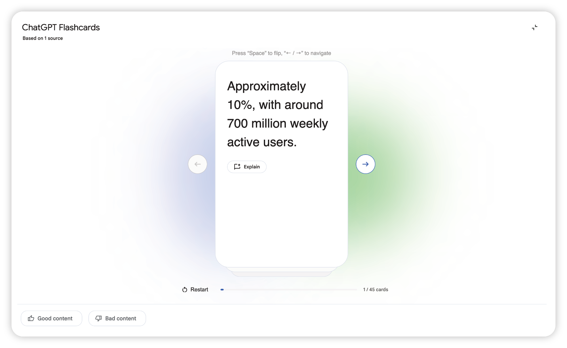 Auto-generated description: A flashcard displays a statistic about 10% with 700 million weekly active users against a soft gradient background.