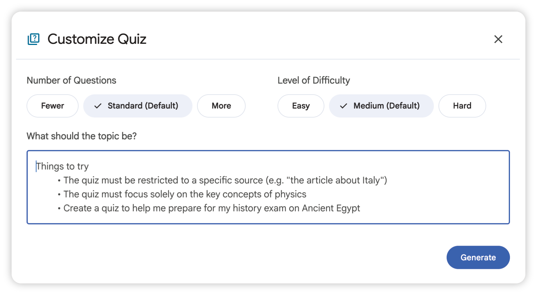 Auto-generated description: A quiz customization interface with options for number of questions, difficulty level, and topic suggestions is displayed.