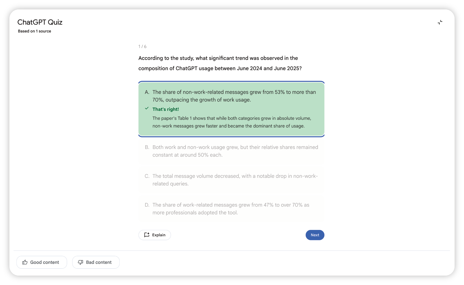 Auto-generated description: A quiz question about the significant trend in ChatGPT usage is shown, with an answer highlighted that mentions the increase in non-work-related messages overtaking work usage.