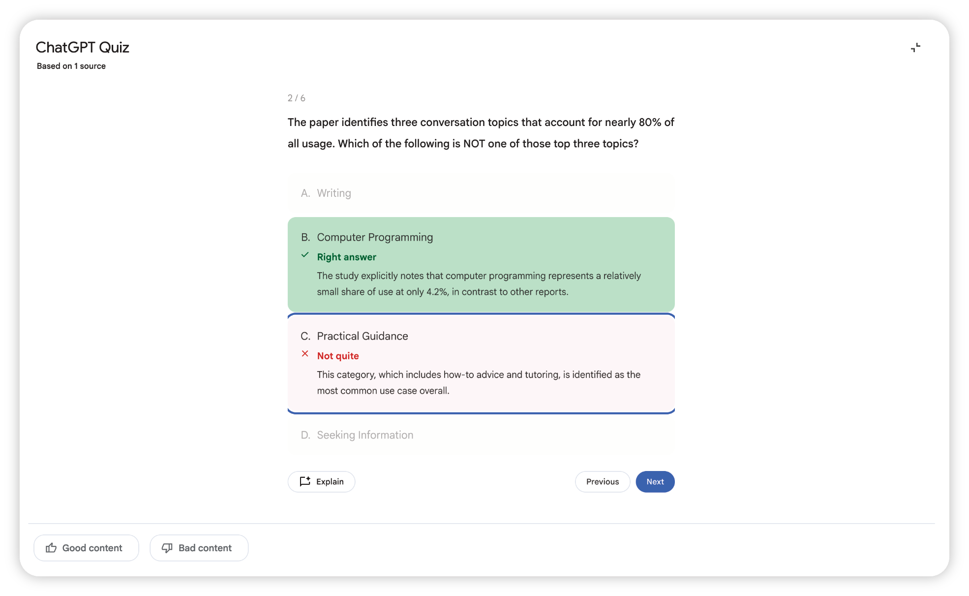 Auto-generated description: A quiz question is displayed with highlighted answers related to three conversation topics, focusing on computer programming and practical guidance.