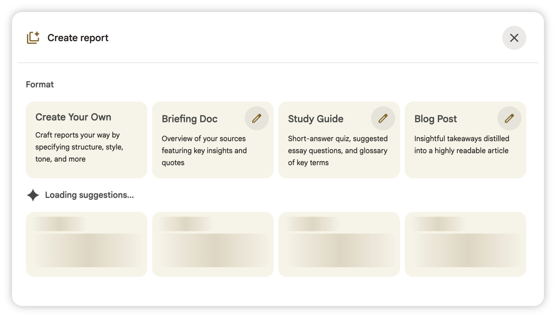 Auto-generated description: The image shows a digital interface for creating reports, including options like Create Your Own, Briefing Doc, Study Guide, and Blog Post.