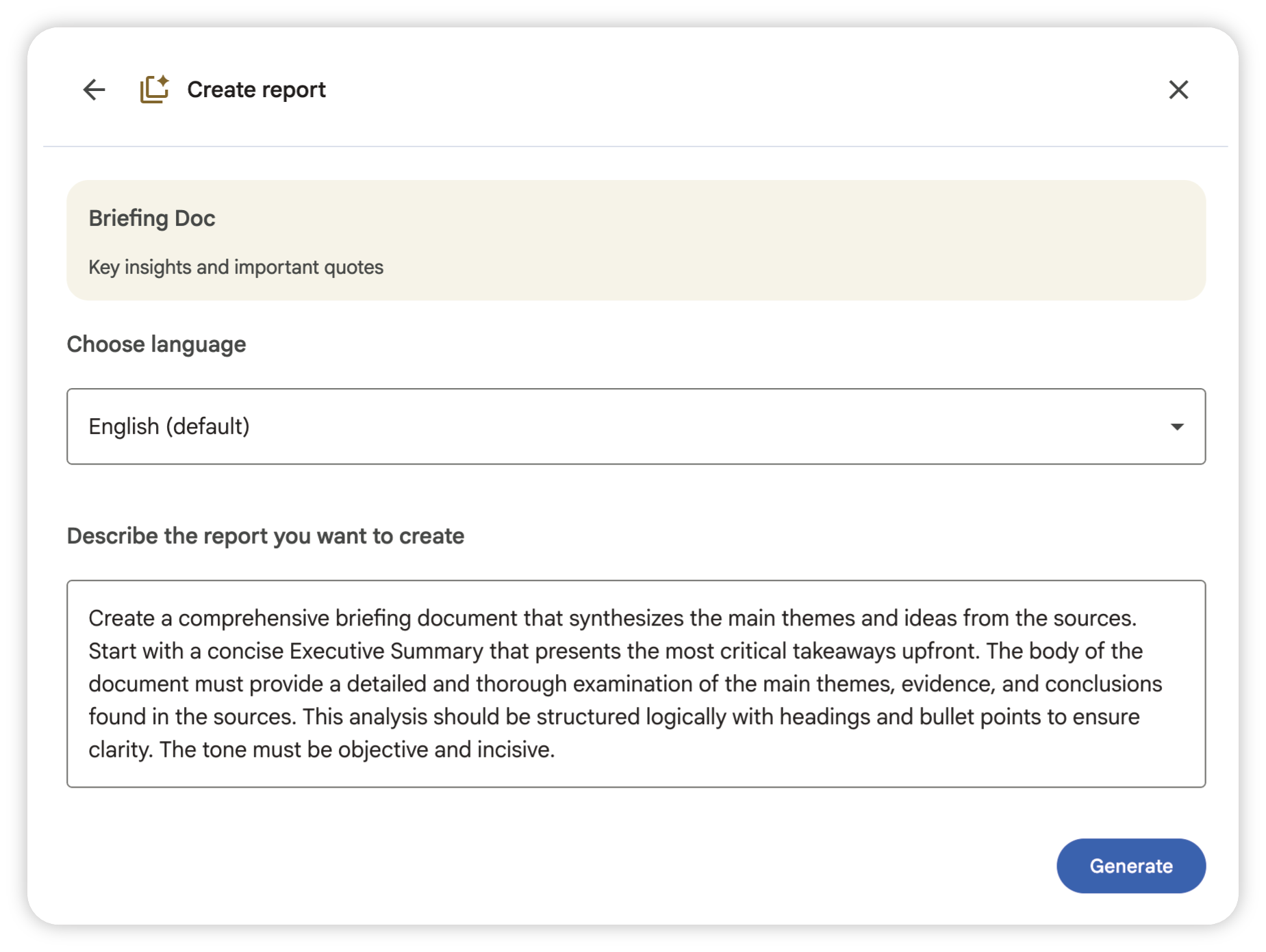 Auto-generated description: A Create report interface with options for language selection and a text box for describing the report to be created.