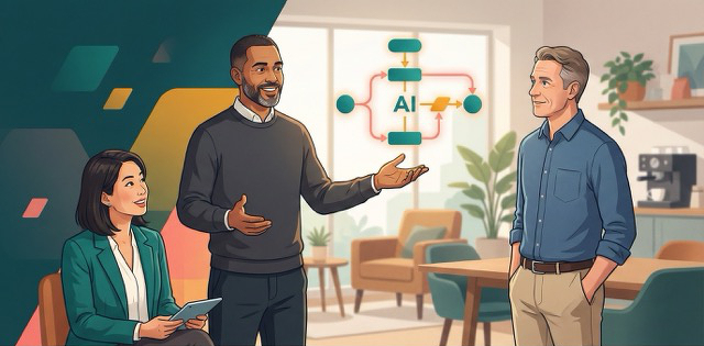 Auto-generated description: Three people are having a discussion in a modern office setting, with a diagram labeled AI displayed in the background.