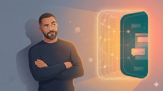 Auto-generated description: A man with crossed arms thoughtfully gazes at a glowing, holographic interface displaying floating screens and data.