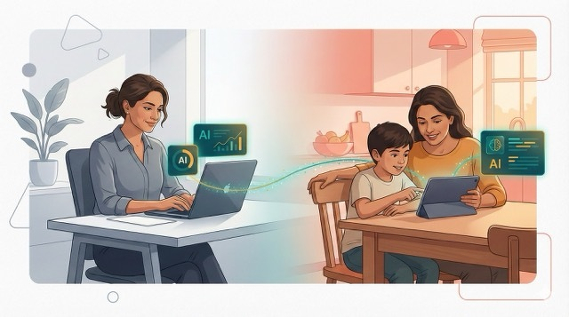 Auto-generated description: A woman working on a laptop and a woman with a child using a tablet are shown connected by digital communication involving AI, in two separate environments.