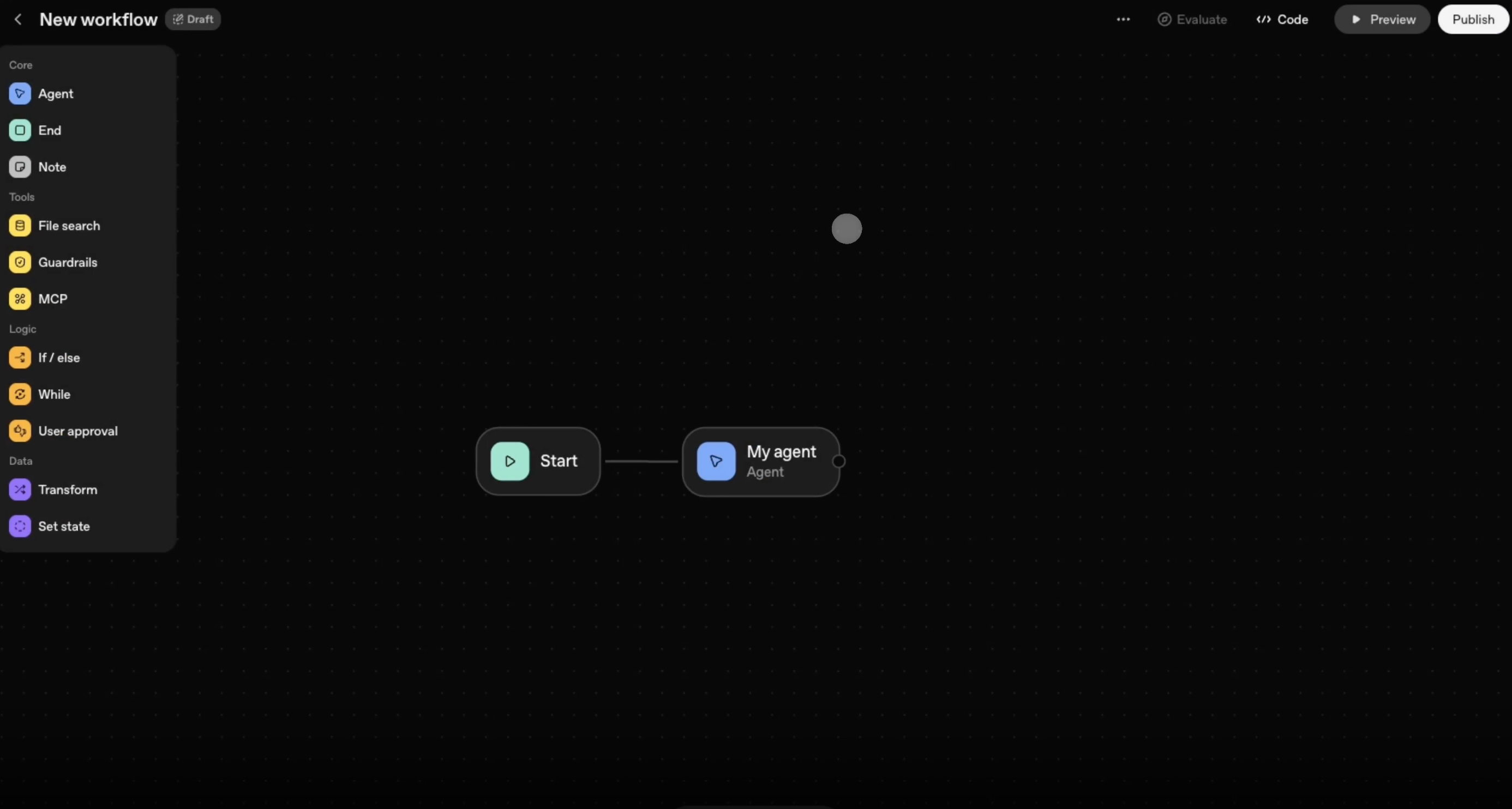 Auto-generated description: A workflow interface is shown with a dark theme, displaying a Start node connected to a My agent node with a sidebar of options on the left.