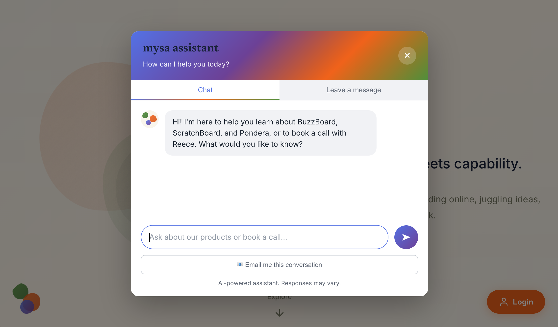 Auto-generated description: A chat window for mysa assistant is open on a webpage, offering help with BuzzBoard, ScratchBoard, and Pondera or booking a call with Reece.
