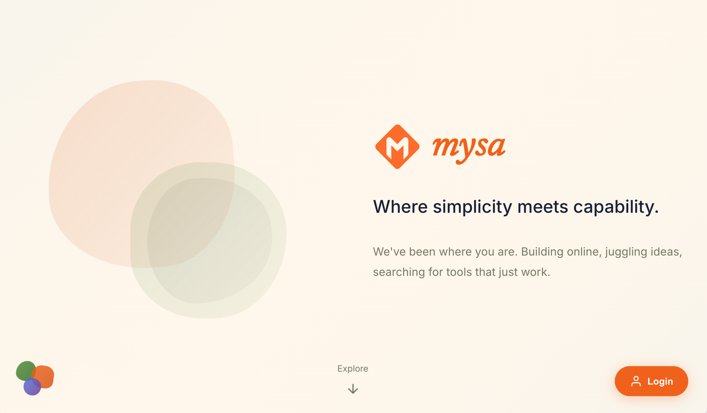 Auto-generated description: A minimalist webpage for mysa features their logo, slogan Where simplicity meets capability, and options to explore or log in.