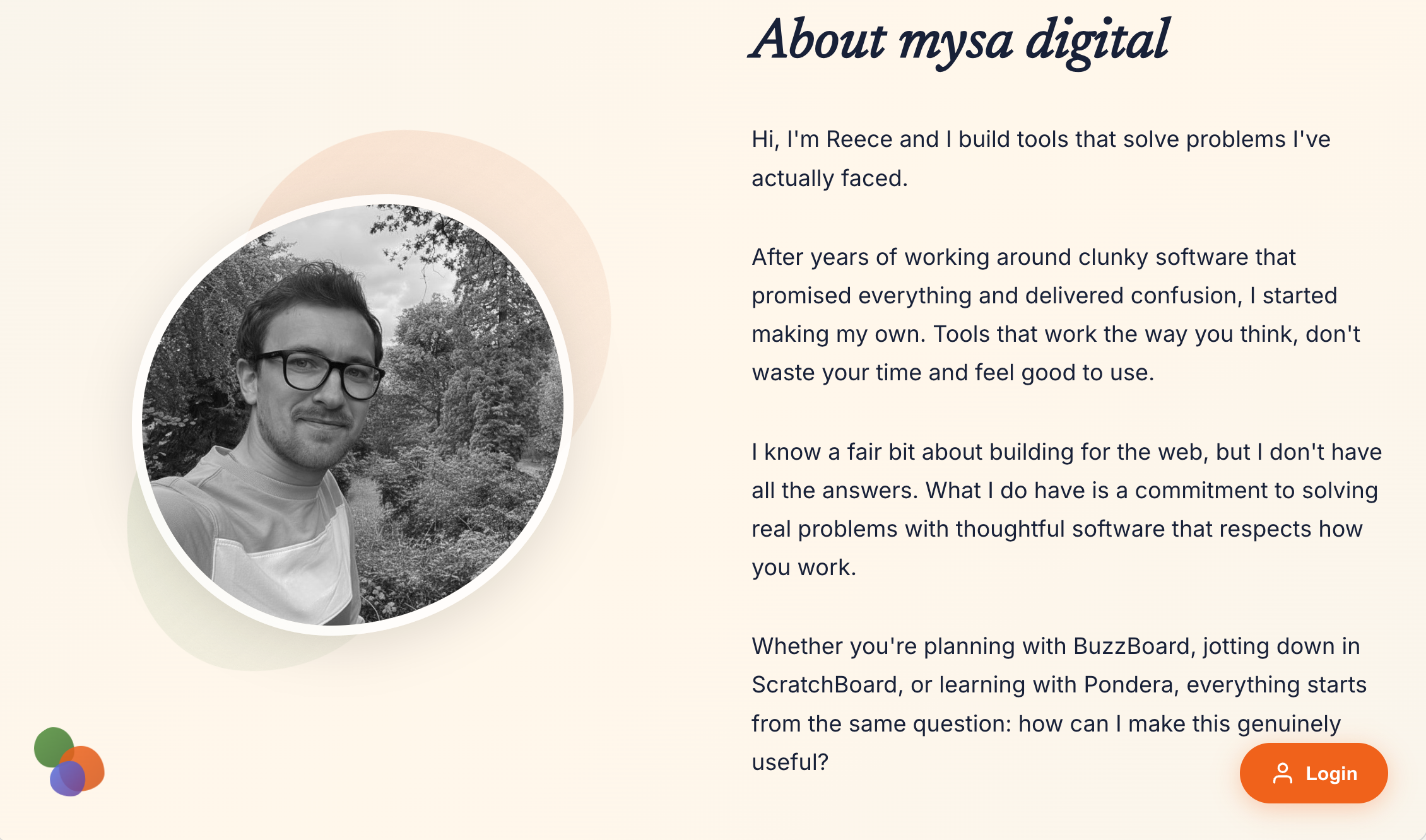 Auto-generated description: A person named Reece discusses building user-friendly tools, alongside a circular black-and-white photo of someone wearing glasses.