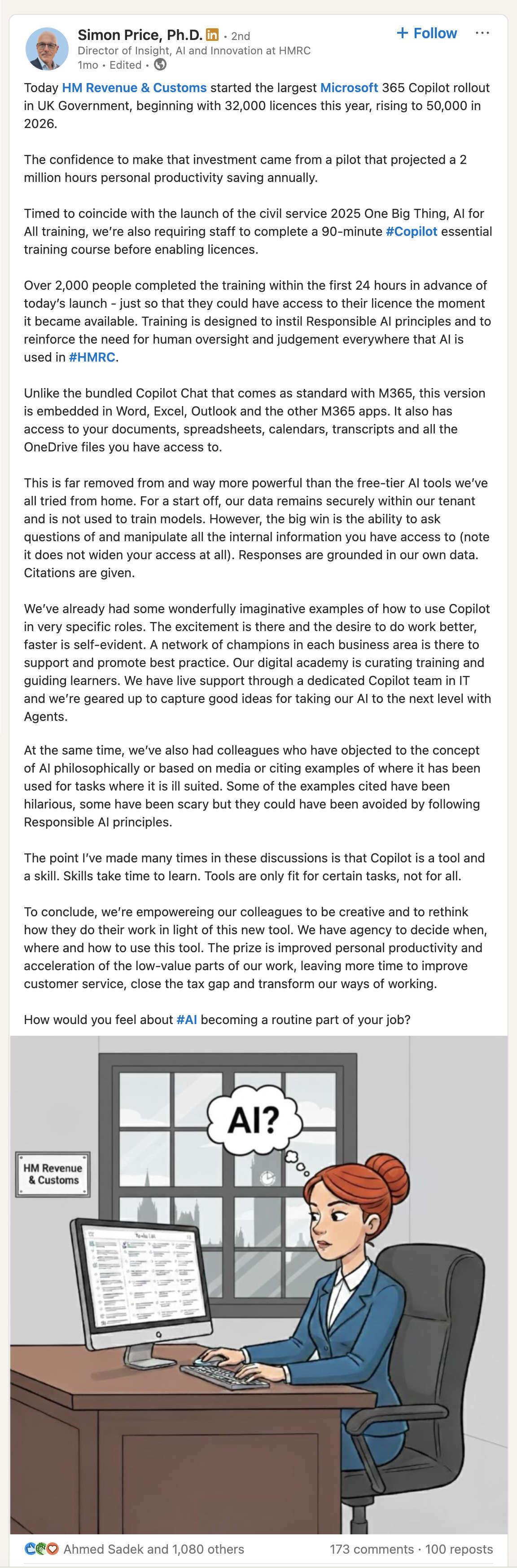 LinkedIn Post from Simon Price PH.D - Director if Insight, AI and Innovation at HMRC - details how they are bringing 365 Copilot to 32,000 employees in the HMRC