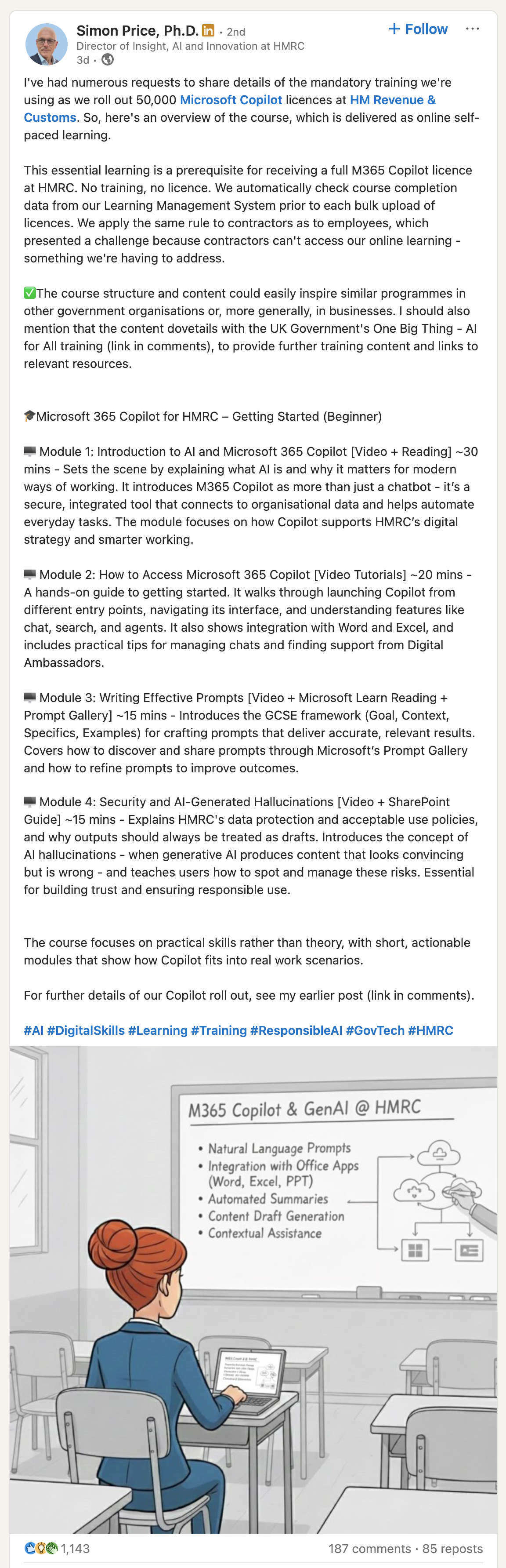 LinkedIn Post from Simon Price PH.D - Director if Insight, AI and Innovation at HMRC - details how they are training employees to use AI