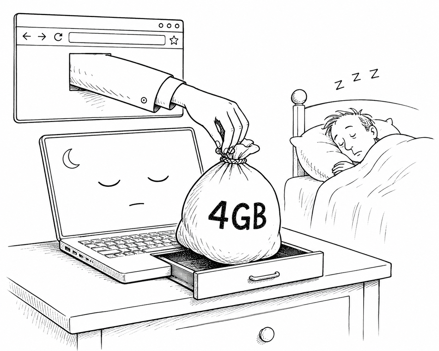 Auto-generated description: A hand is reaching through a computer screen to place a bag labeled 4GB into a drawer beside a sleeping person.