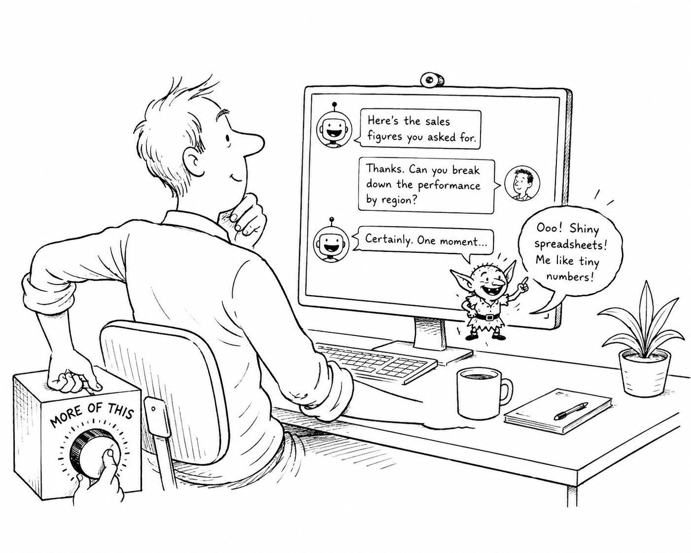 Auto-generated description: A person at a desk interacts with an AI on a computer screen, while a small robot and an enthusiastic creature discuss spreadsheets.